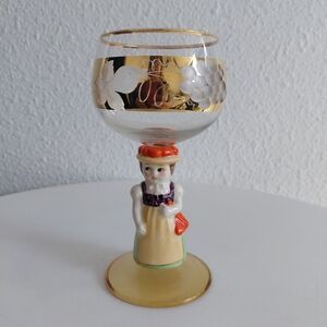Goebel West Germany Ceramic Figure Gold Etched Wine Glass Goblet Grapes Girl